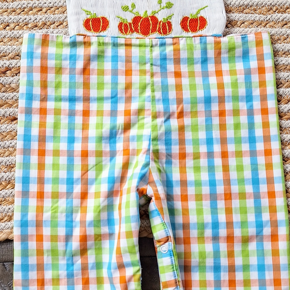 Smocked Colorful Gingham Baby Overalls with Pumpkin Embroidery